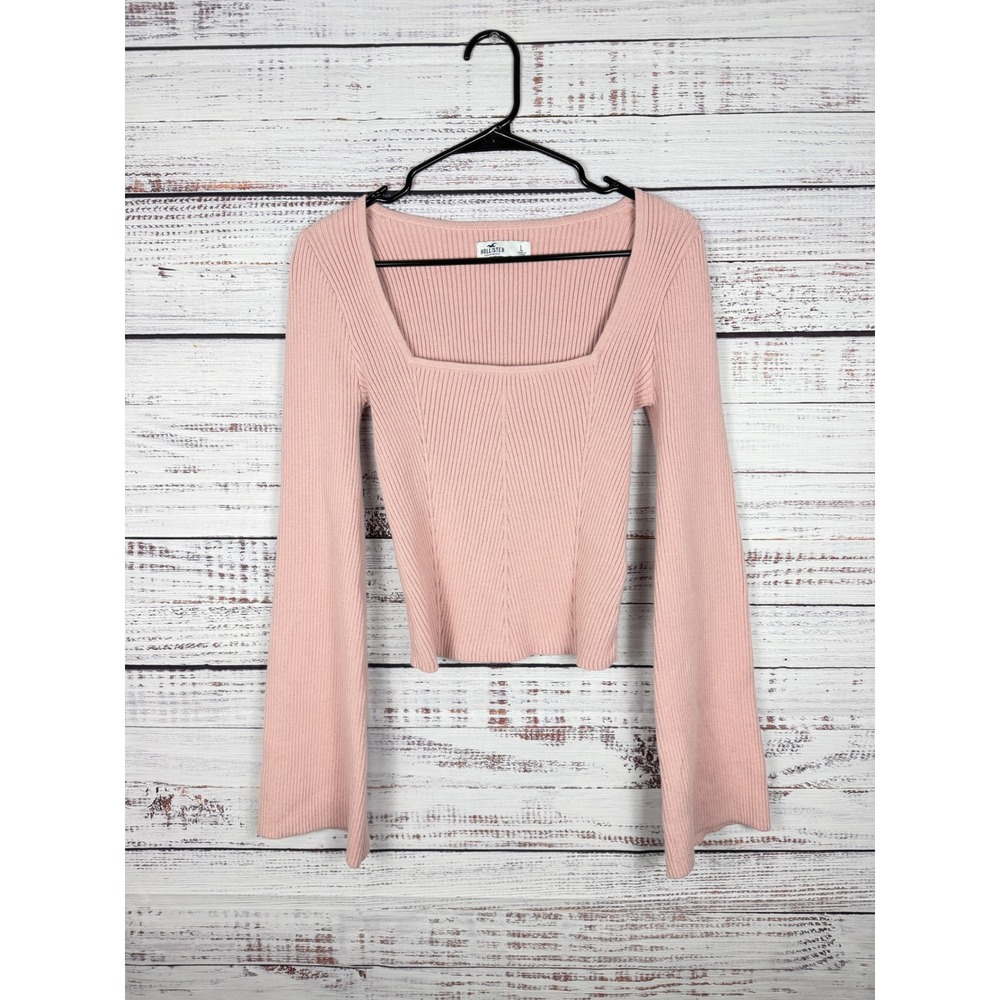 Hollister Pink Ribbed Square Neck Flare Sleeve Top L